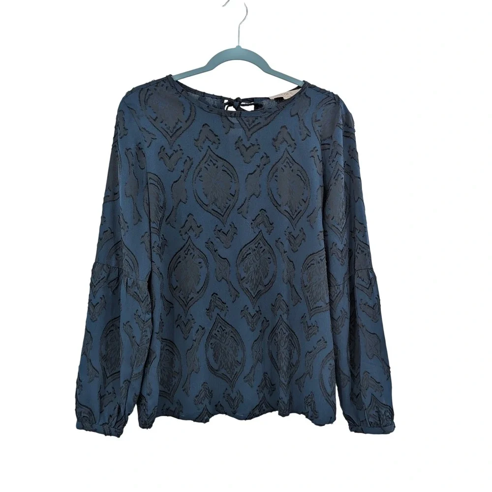 Boho Ann Taylor LOFT Dark Green Black Burnout Textured Damask Puff Sleeve M Top